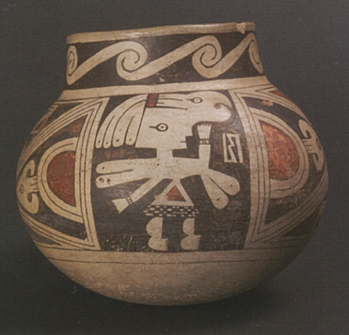 Ramos Polychrome Jar Depicting Human Wearing Macaw Headdress