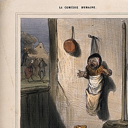 An unhappy young child hung on a wall by his nurse, who has gone dancing.