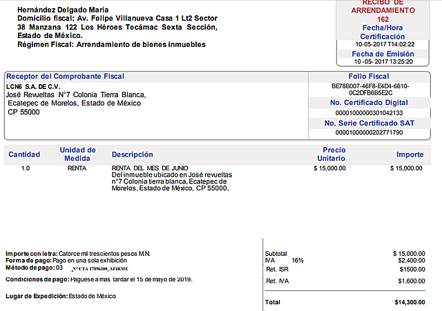 CFDI UN MES DE RENTA