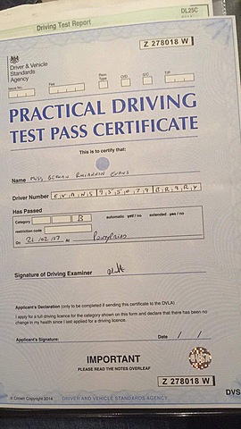 Past my Driving test, Recieved Liscence