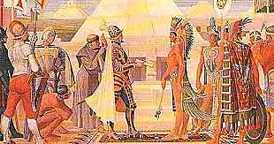 Encuentro de Hernán Cortes con Moctezuma.