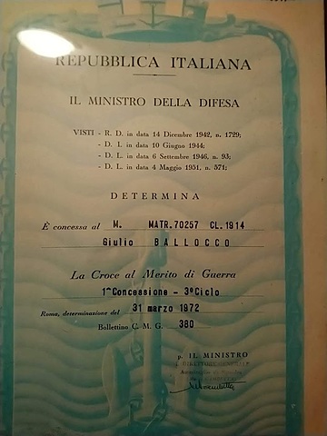 Concessione  Croce al Merito di Guerra