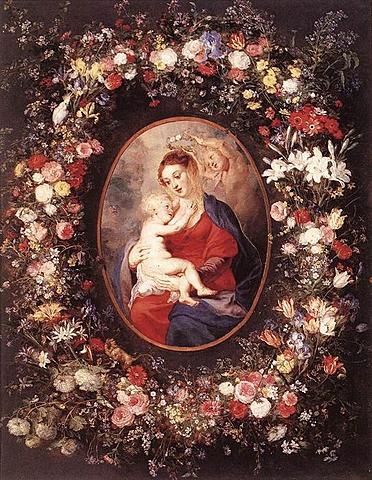 "La virgen y el niño en un Guirnalda de la flor"
