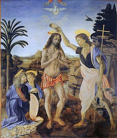 The Baptism of Christ by Andrea del Verrocchio and Leonardo da Vinci