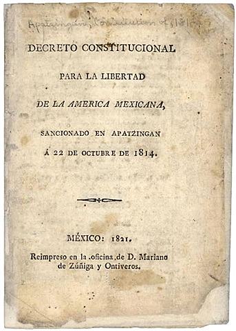 Constitución de Apatzingán o “Decreto Constitucional para la Libertad de la América Mexicana”, fue promulgada el 22 de octubre de 1814. José María Morelos publicó los Sentimientos de la Nación el 14 de septiembre de 1813