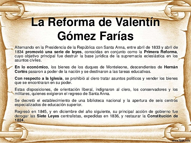Valentín Gómez Farias promulga la primera reforma liberal