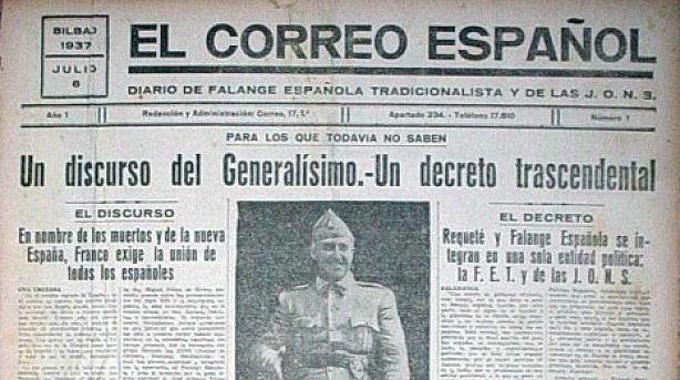 Franco promulga el día 19 el llamado Decreto de Unificación, por medio del cual crea una única formación política legal bajo su mando: FET y de las JONS.
