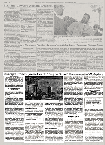 The supreme court rules that sexual harassment in the workplace is illegal.