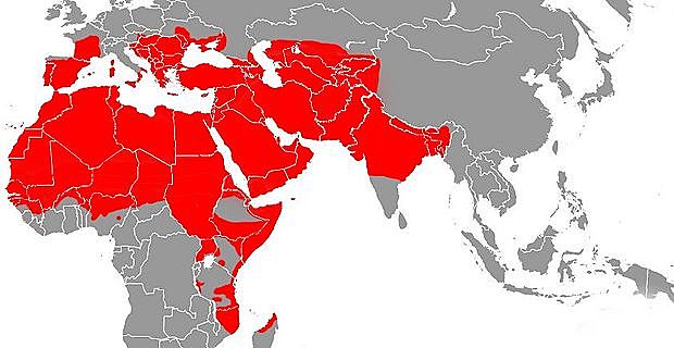Extensión del islam por norte de África y Oriente Medio.