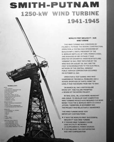 A part of the Smith-Putnam wind turbine breaks and the machine is shut down.