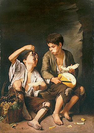 NIÑOS COMIENDO UVAS Y MELÓN