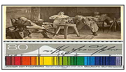 Joshep Fraunhofer con su espectografo descubriría, en 1814, unas 600 lineas oscuras en el espectro solar  y a mediados de XIX, Kirchoff y Bunsen demostrarian que cada linea corresponde a un elemento quimico.(espectro de Fraunhofer)