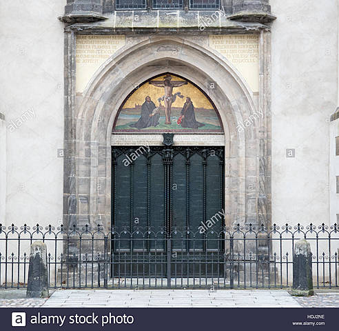Luther nails Ninety-Five Theses to Castle Church door in Wittenberg