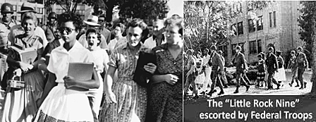 The Little Rock 9 enter Central High School as federal troops oversee the situation sent by President Eisenhower.