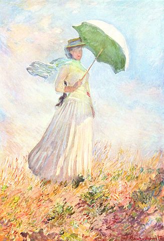 Studio di figura en plain air. Donna con parasole rivolta verso destra.