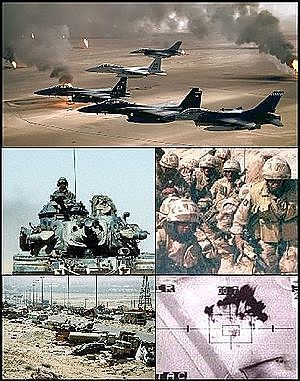 Guerra del Golfo (conflicto bélico librado por una fuerza de coalición autorizada por las Naciones Unidas, compuesta por 34 países y liderada por Estados Unidos, contra la República de Irak en respuesta a la invasión y anexión iraquí del Estado de Kuwait)