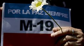 Timeline: El Movimiento&nbsp;19&nbsp;de Abril (abreviado con el numerónimo&nbsp;M-19&nbsp;o simplemente el eme) fue un movimiento insurgente colombiano nacido  fraude electoral en las elecciones presidenciales del&nbsp;19&nbsp;de abril de 1970 que dieron como ganador a Misael Pastrana Borrero,