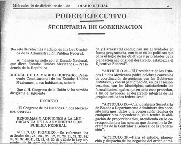 Decreto de reformas y adiciones a la Ley Orgánica de la Administración Pública Federal.1982