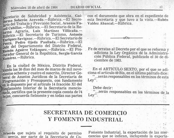 Decreto por el que se reforma y adiciona la Ley Orgánica de la Administración Pública Federal.1983(1984)