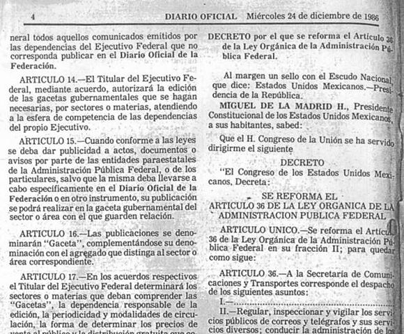 DECRETO por el que se reforma el Artículo 36 de la Ley Orgánica de la Administración Pública Federal.