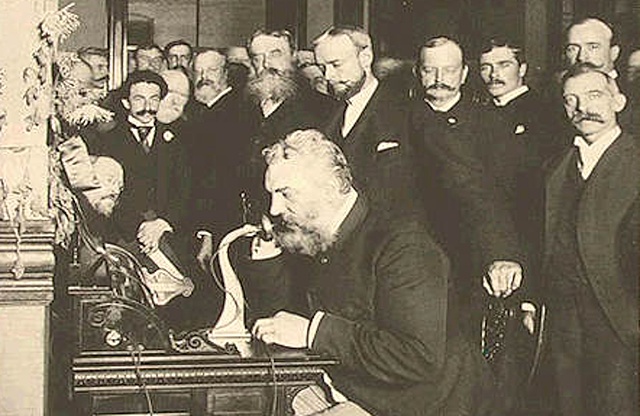 First long distance telephone service, between New York and San Francisco, is demonstrated (scarlet letter)