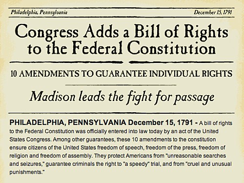 James Madison writes first 10 amendments to the Constitution, the Bill of Rights