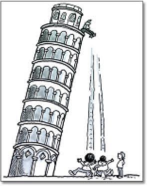 Galileo demonstrates the law of falling objects from the leaning Tower of Pisa.