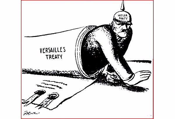 Hitler violates the Treaty of Versailles by introducing military conscription.