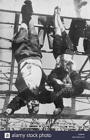 Mussolini and his Mistress, Claretta Petacci are hung in Milan