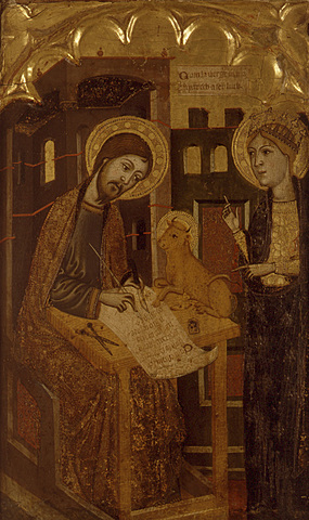 San Lucas escribiendo su Evangelio en presencia - Maestro de Villahermosa