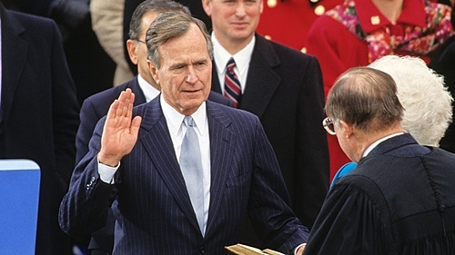 George H. W. Bush is inaugurated as the 41st president.