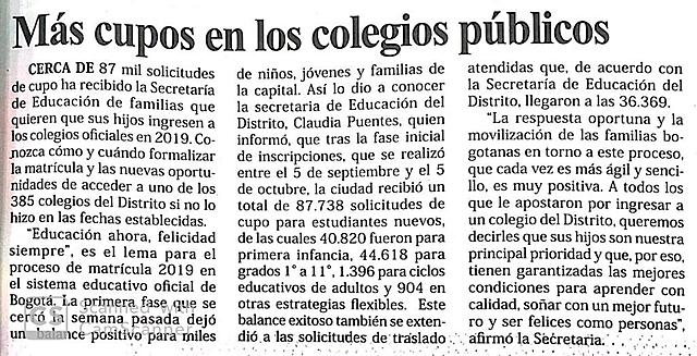 Más cupos en los colegios públicos