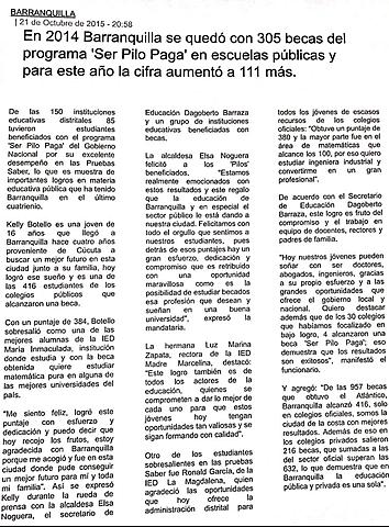 En 2014 Barranquilla se quedó con 305 becas del programa 'Ser Pilo Paga' en escuelas públicas y para este año la cifra aumentó a 111 más.