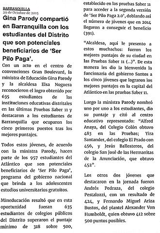 Gina Parody compartió en Barranquilla con los estudiantes del Distrito que son potenciales beneficiarios de ‘Ser Pilo Paga’.