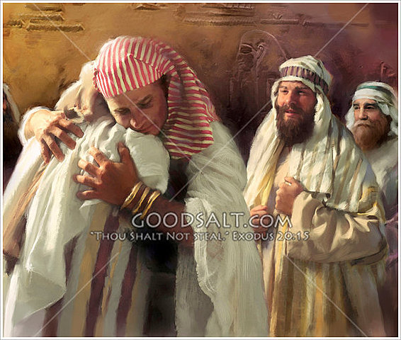 Pero ellos pasan la prueba y José los abraza y pide que se muden a Egipto