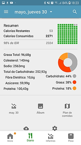 Día 1 (resumen calórico y porcentaje de los macronutrientes)