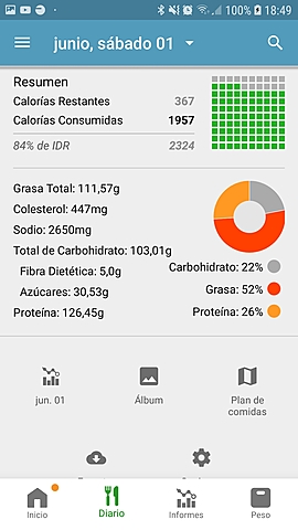 Día 3 (resumen calórico y porcentaje de los macronutrientes)