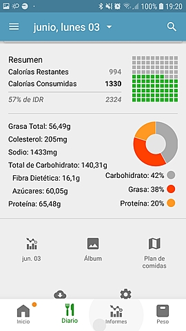 Día 5 (resumen calórico y porcentaje de los macronutrientes)