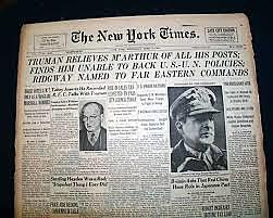 General Douglas MacArthur fired by President Truman for comments about using nuclear weapons on China