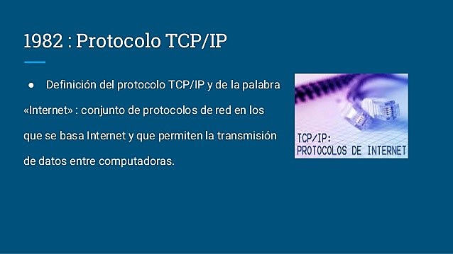 Protocolo TCP/IP – 1982 ARPANET lo adopta como estándar en 1982, sustituyendo a NCP.