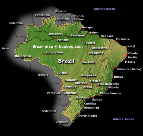 Brazil has a population of 57,000, of which 20,000 Portuguese, 18,000 Indios, 14,000 African slaves, and 5,000 mamelucos/mestizos