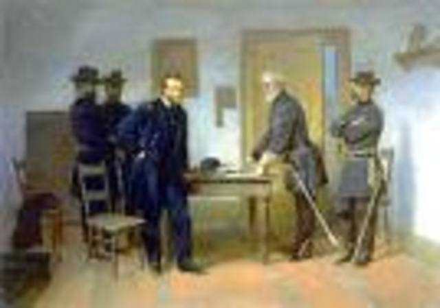 Lee surrenders to Grant at Appomatox Court House in Virginia ending the civil war