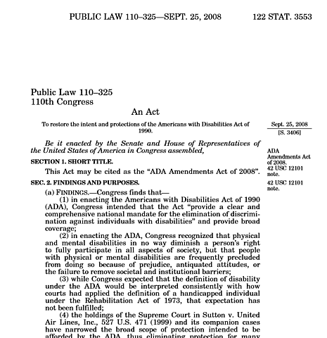 Public Law 110-325 Americans with Disabilities Act Ammendments of 2008
