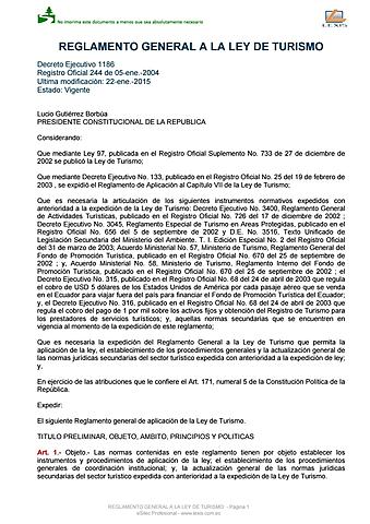 Reglamentación de la Ley General de Turismo