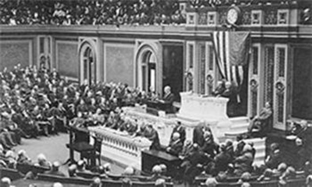 President Woodrow Wilson delivers his "fourteen points" speech to the U.S. Congress.