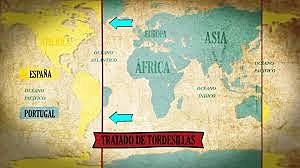 Tratado de tordesillas, en el cuál se reparten los territorios americanos entre las potencias europeas.