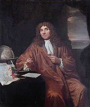 Anton van Leeuwenhoek observa microorganismos por el microscopio.
