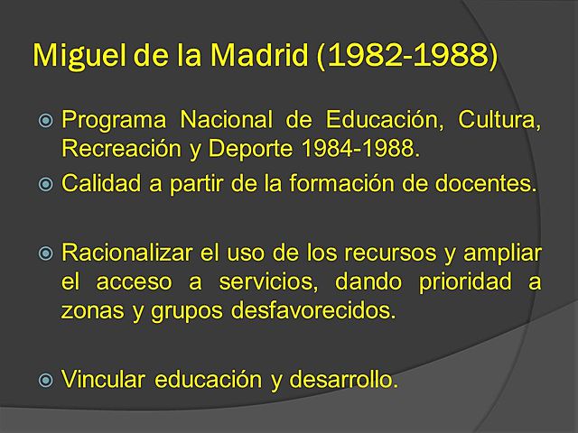 Miguel de la Madrid Hurtado (1982-1988): A diferencia de sus predecesores, renunció a incrementar el presupuesto federal como fórmula para contener las presiones sociales.