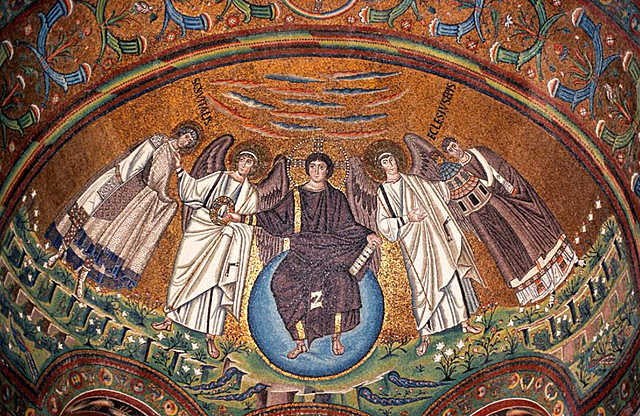 Le Christ en gloire entouré d’anges, cul-de-four de la chapelle absidiale, Basilique Saint-Vital, Ravenne