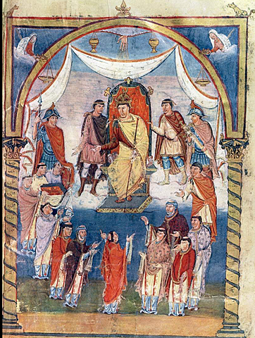 Première Bible de Charles le Chauve, l’abbé Vivien remet le volume à Charles le Chauve